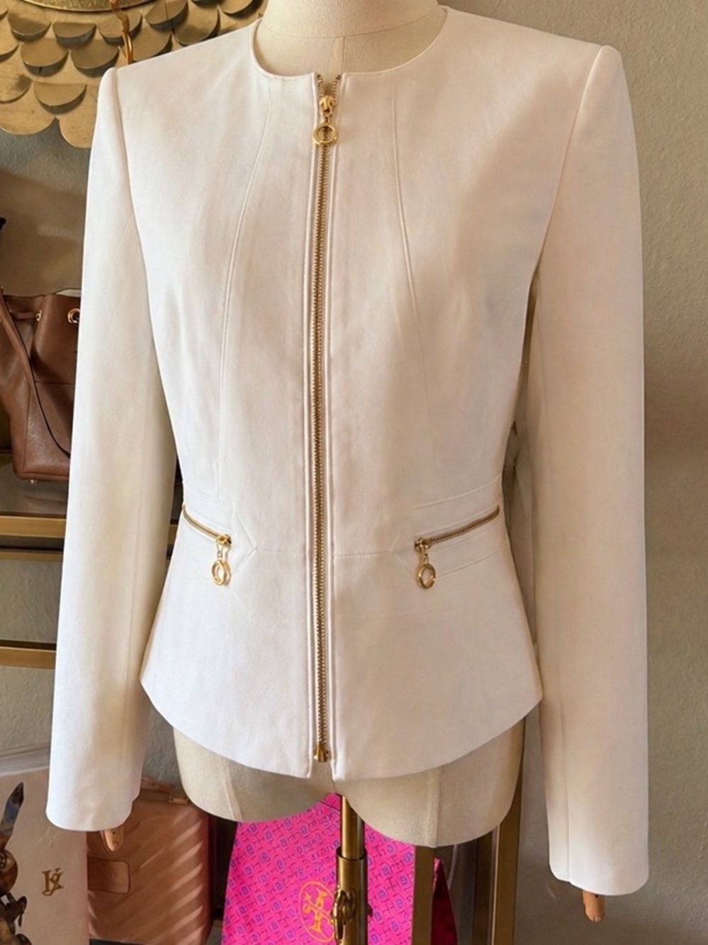 Calvin Klein Cream Zip-Front Tailored Blazer with Gold Hardware Accents